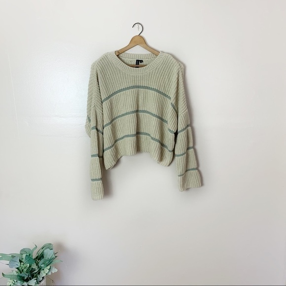 [Moon & Madison] Tan & Blue Striped Knit Cropped Baggy Oversized Sweater - Picture 1 of 8